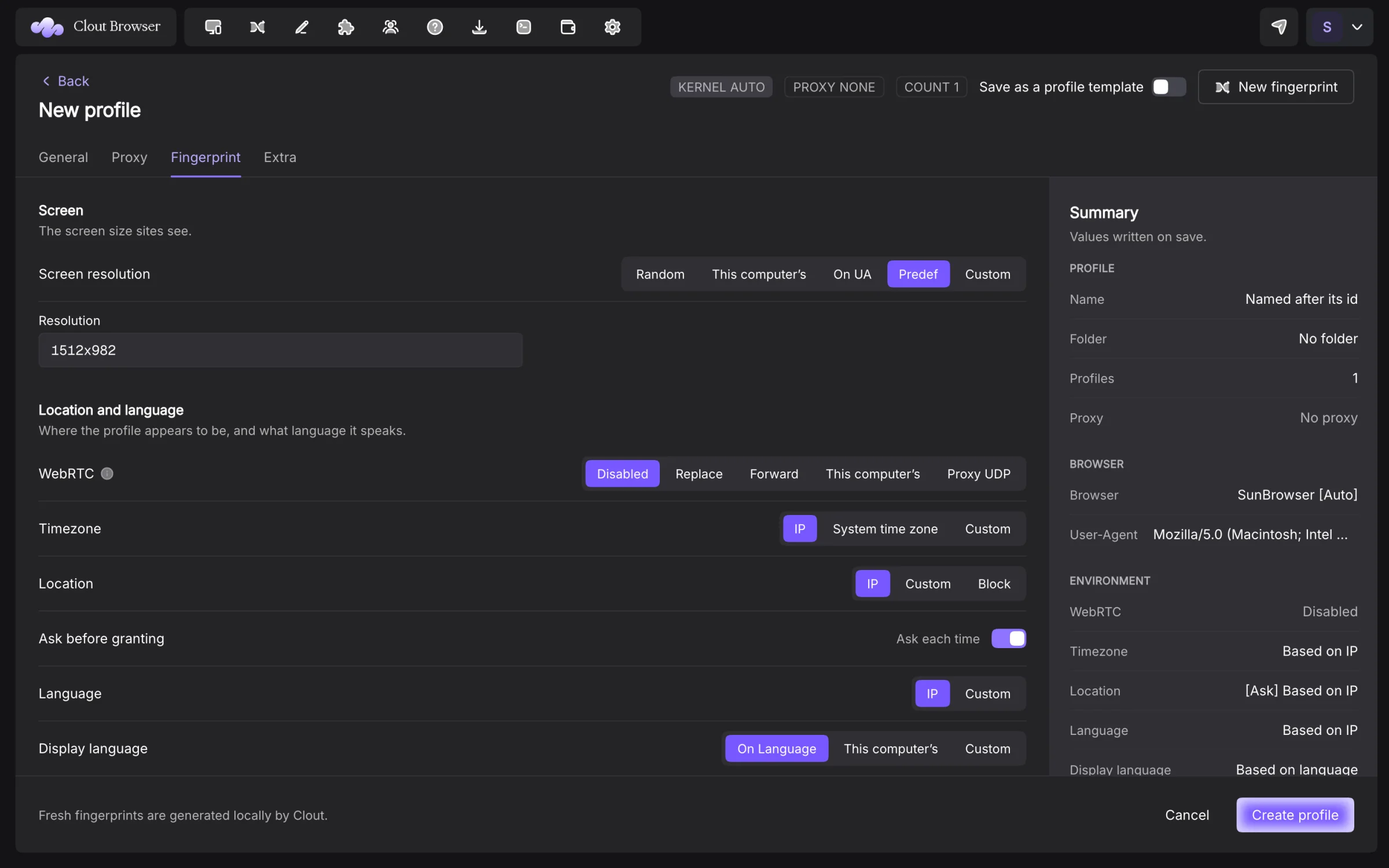 Clout Browser new profile: screen, location, time zone and language settings for the fingerprint