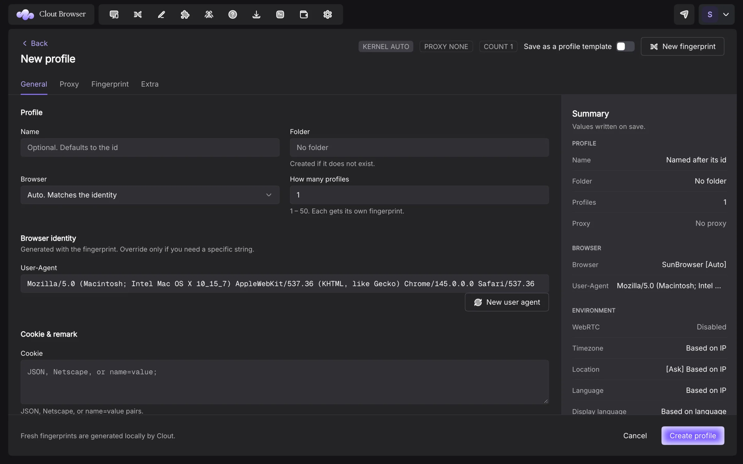 Clout Browser new profile form with the identity summary