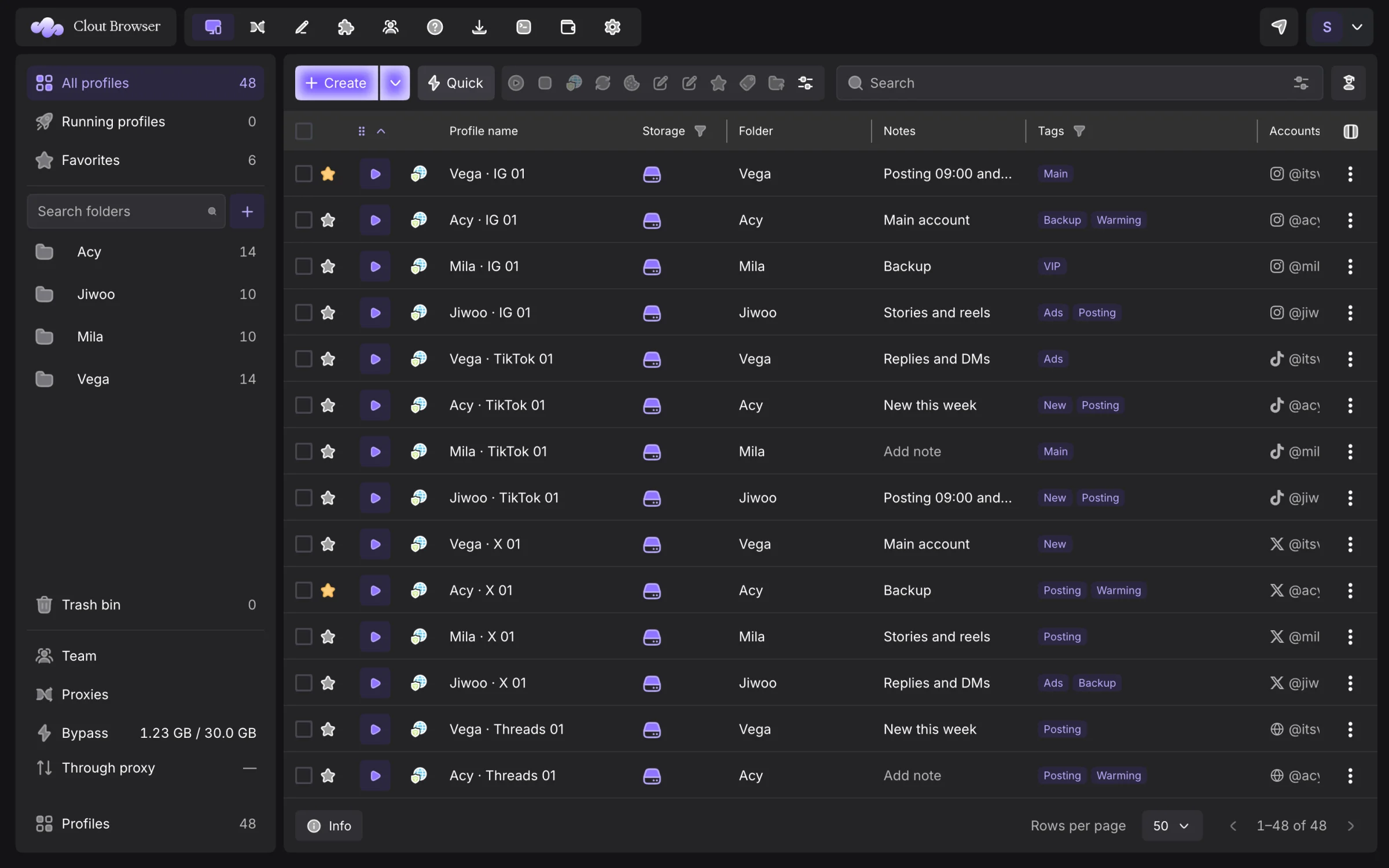 Clout Browser profiles: every profile with its folder, notes, tags and accounts