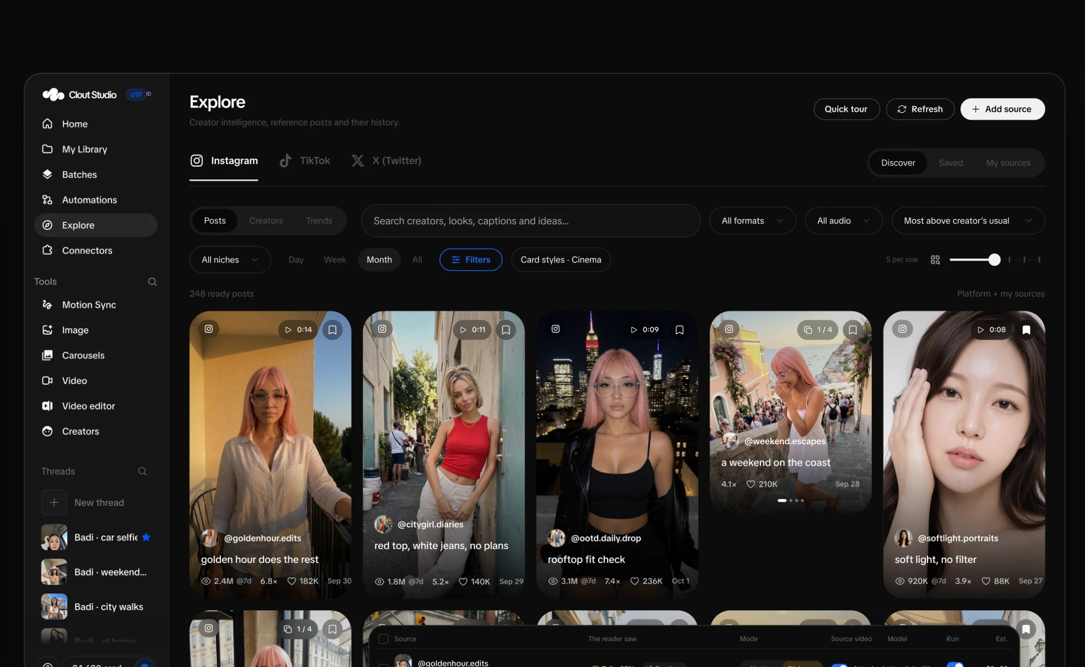 Explore: posts ranked by how far they beat their Creator’s usual, and a batch being set up