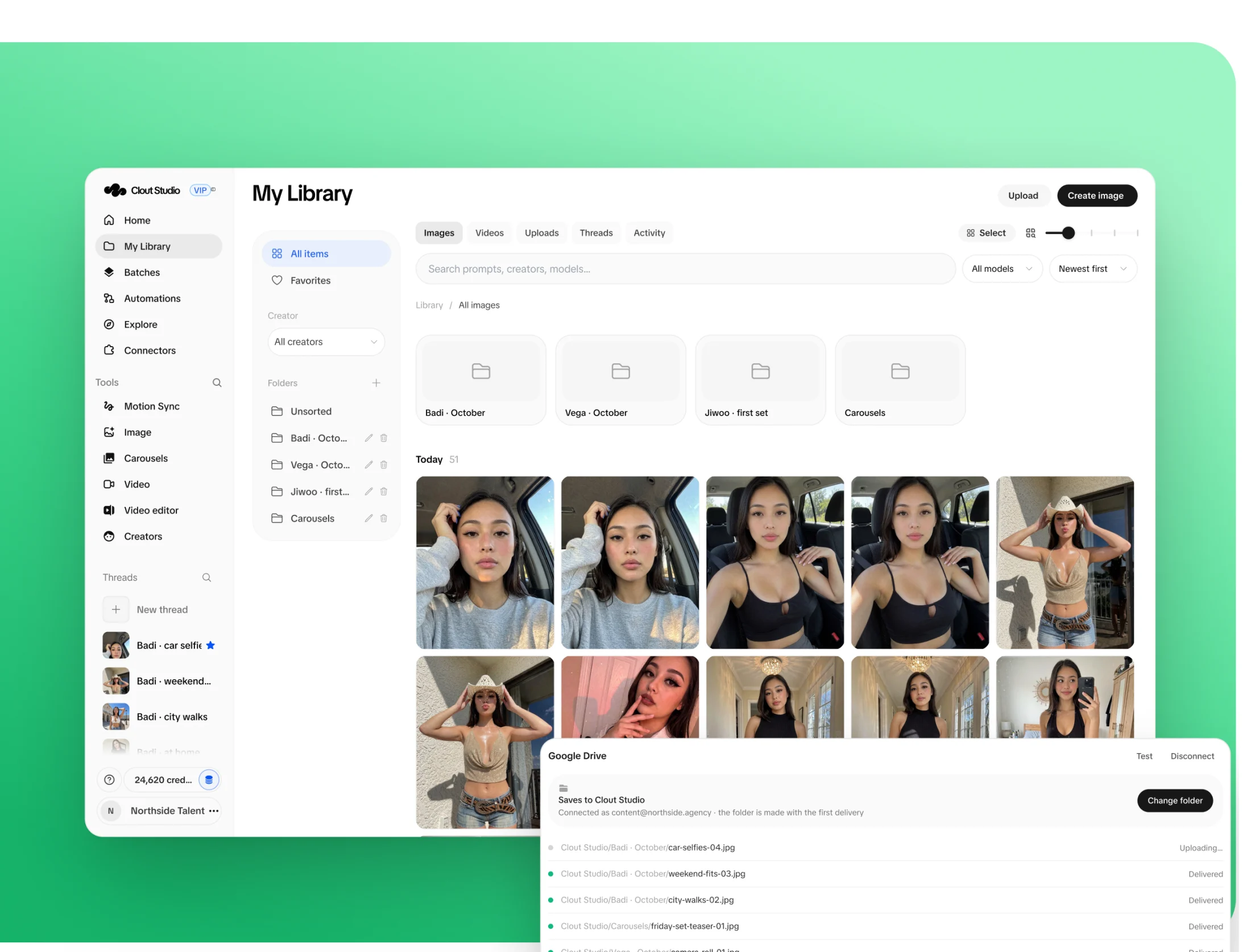 My Library with folders per Creator and today’s renders, and Google Drive deliveries