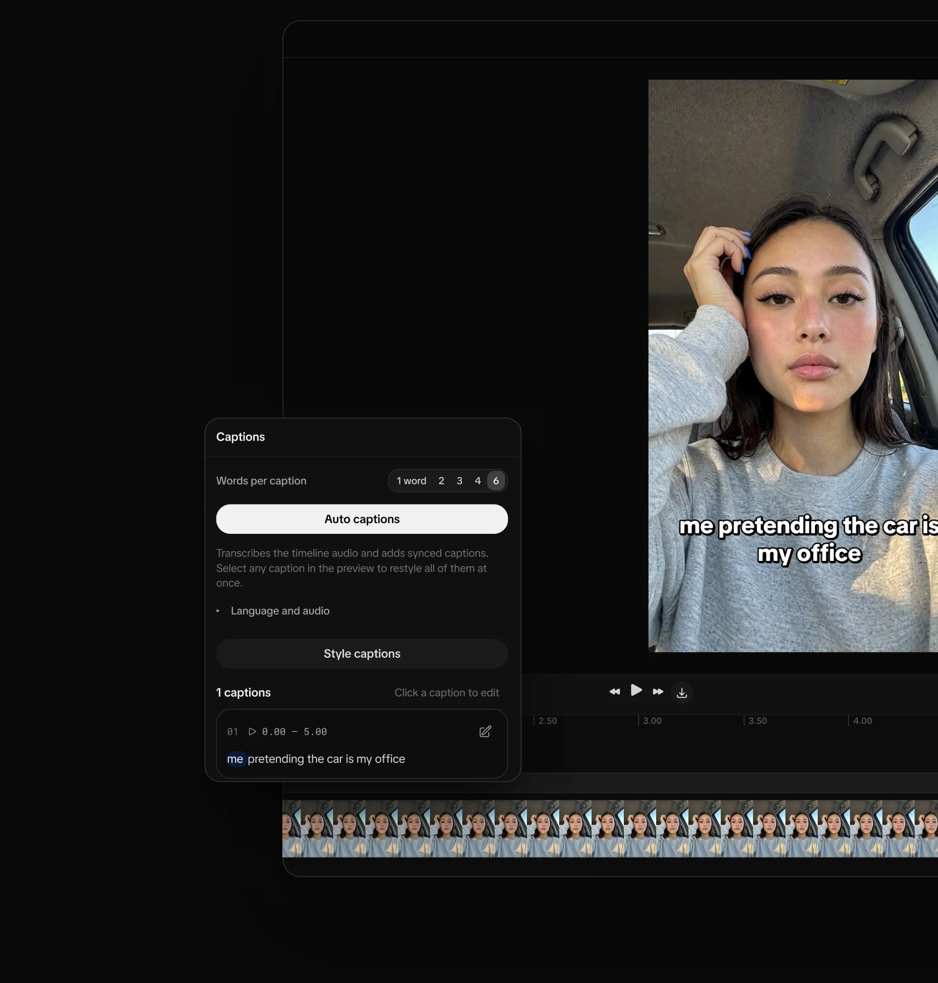 The video editor with auto captions on a selfie video and the captions panel