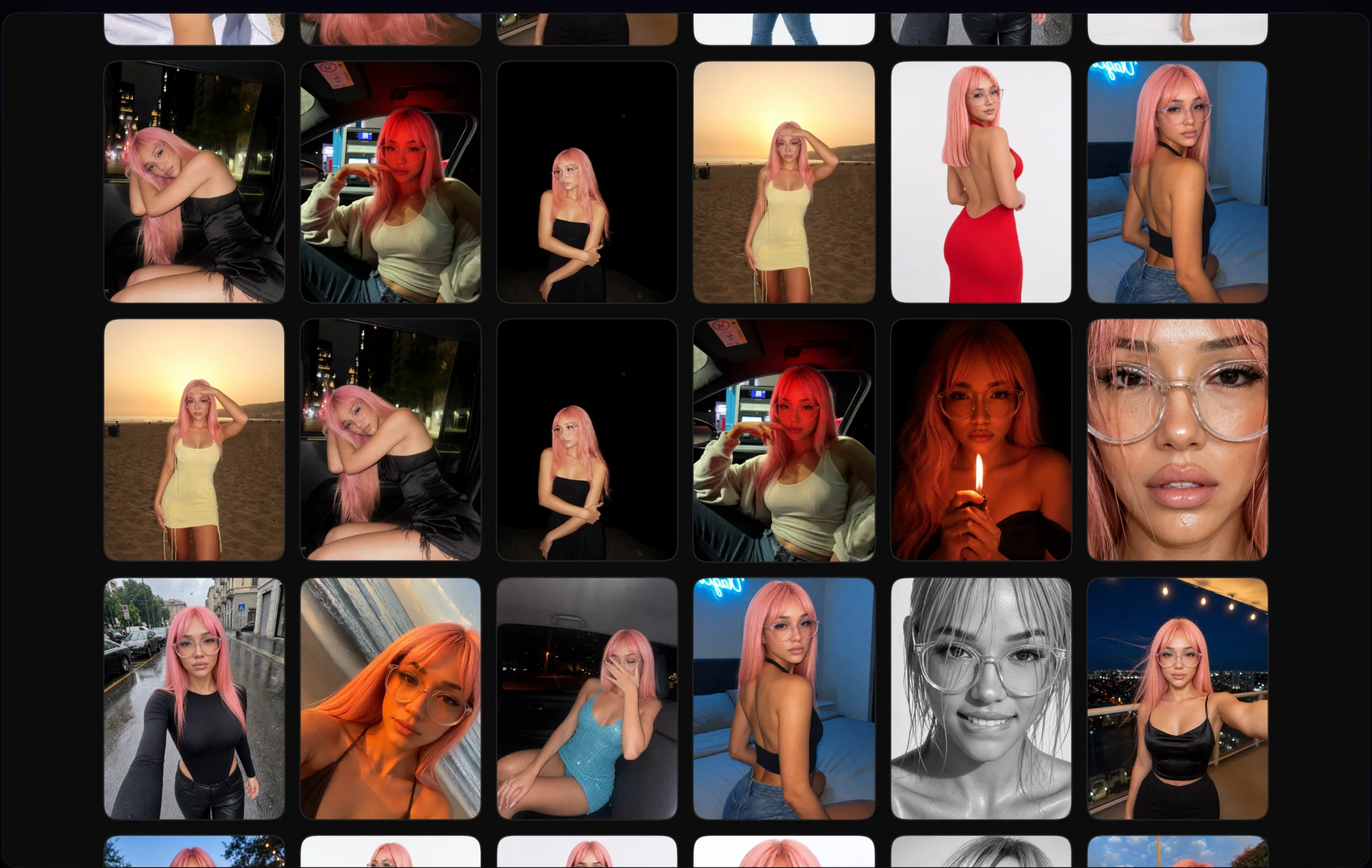 Studio VIP rendering Acy’s training set: a grid of her in different scenes, outfits and light