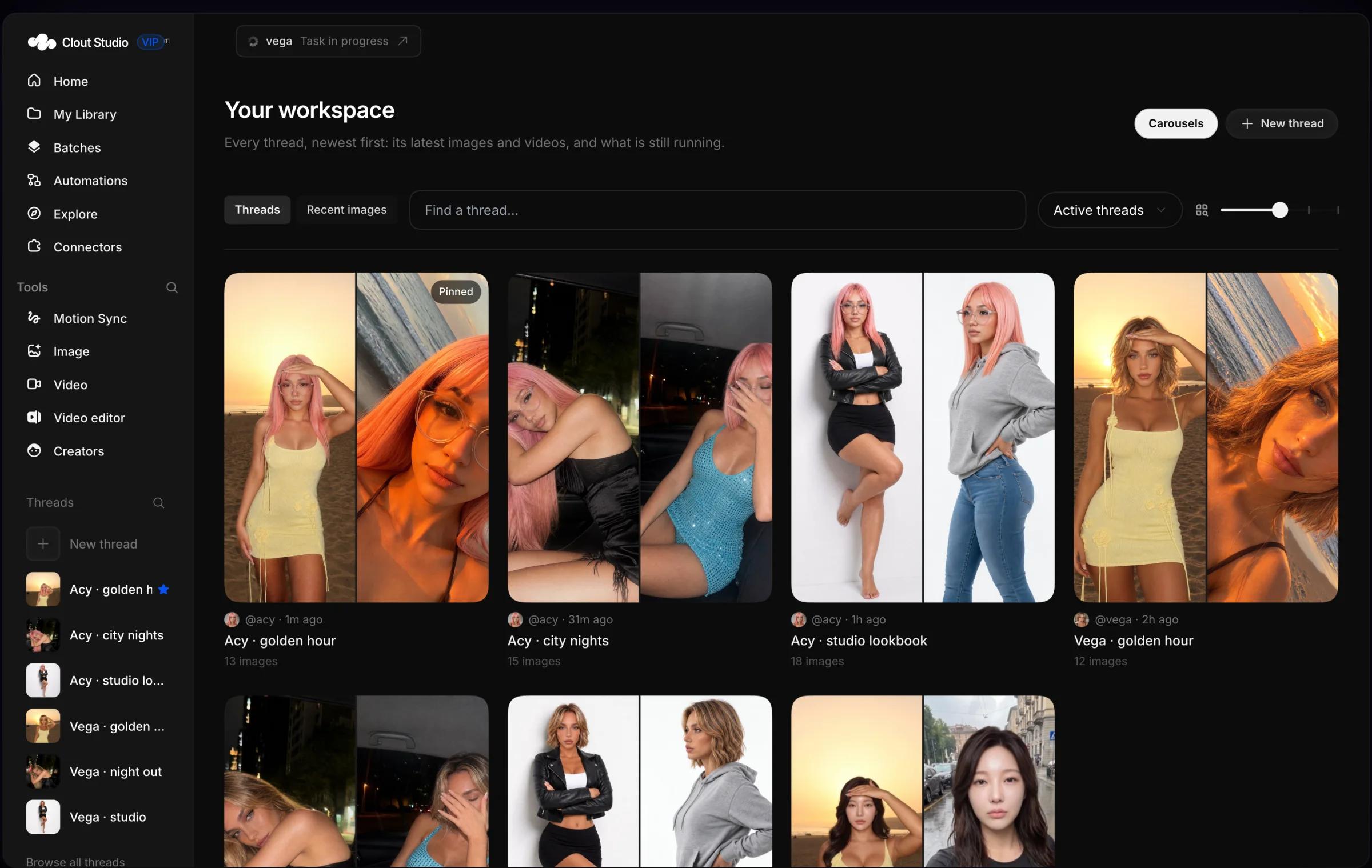 Clout Studio VIP workspace: every thread of Acy and Vega, newest first, with their latest images